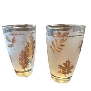Set of 2 Vintage MCM Libbey Frosted Gold Leaf Glasses‎
